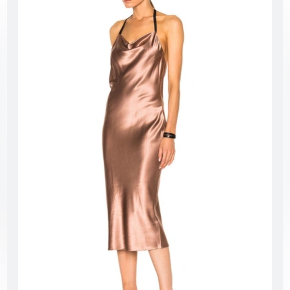 NWT Fleur du Mal rose gold T strap back cowl neck bias cut dress